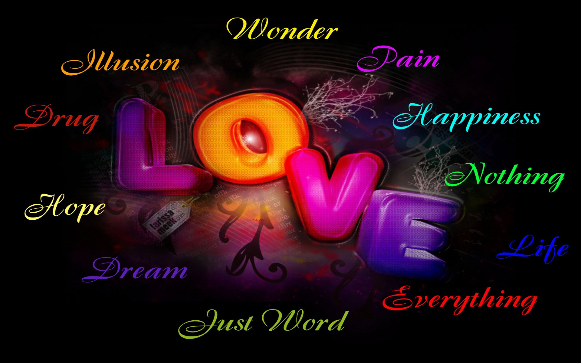 A vibrant HD desktop wallpaper featuring the word LOVE in bold colors, surrounded by expressive words like Happiness, Dream, and Pain, creating an artistic and colorful atmosphere.
