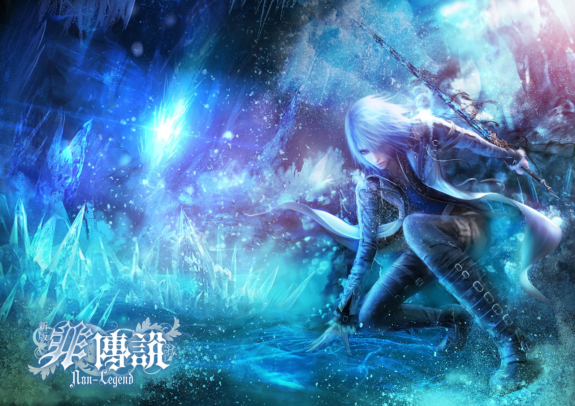 HD anime original desktop wallpaper featuring a white-haired character crouching amid glowing blue crystals in a mystical, icy environment.