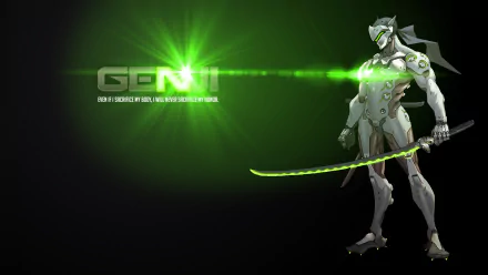 HD desktop wallpaper featuring Genji from the video game Overwatch. The image showcases Genji in a combat stance with his katana, set against a dark background with green highlights and his name in bold text.