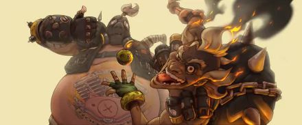 Junkrat and Roadhog from Overwatch feature prominently in this vibrant 4K Ultra HD desktop wallpaper, showcasing their dynamic personalities and iconic designs from the video game.