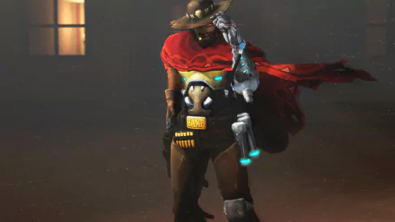 A detailed HD wallpaper featuring McCree from Overwatch, showcasing the character in a dramatic pose with a red cape and robotic arm, set against a moody background.