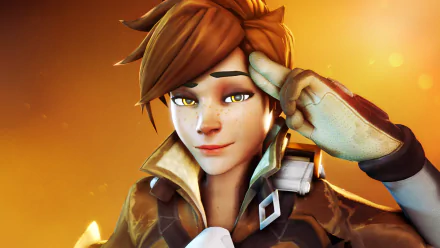 HD PC desktop wallpaper featuring Tracer from the video game Overwatch, showcasing her confident salute against a warm, glowing background.