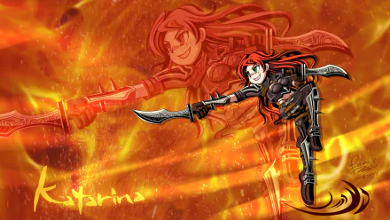 HD PC desktop wallpaper featuring Katarina from the video game League of Legends, depicted with fiery blades against a blazing orange background.