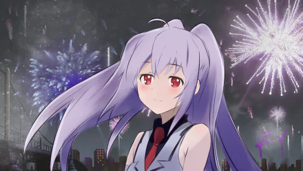 A beautiful HD desktop wallpaper featuring Isla from the anime Plastic Memories, with her charming smile set against a vibrant fireworks background.
