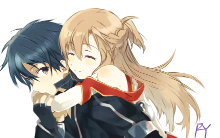 Asuna Yuuki and Kazuto Kirigaya embrace in this vibrant Sword Art Online HD wallpaper, capturing a touching moment between the beloved anime characters.