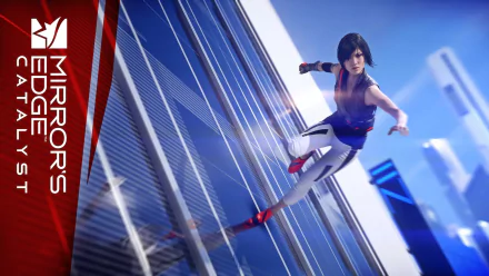 HD PC desktop wallpaper featuring Faith Connors from the video game Mirror's Edge Catalyst, showcasing dynamic action and a futuristic cityscape background.