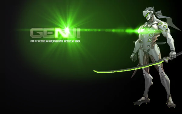 HD desktop wallpaper featuring Genji from the video game Overwatch. The image showcases Genji in a combat stance with his katana, set against a dark background with green highlights and his name in bold text.
