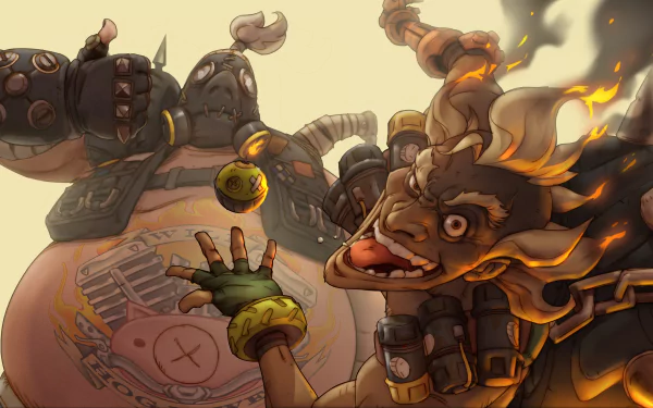 Junkrat and Roadhog from Overwatch feature prominently in this vibrant 4K Ultra HD desktop wallpaper, showcasing their dynamic personalities and iconic designs from the video game.