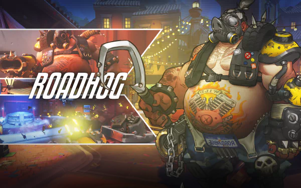 HD PC desktop wallpaper featuring Roadhog from the video game Overwatch, showcasing the character in a detailed and vibrant design with game-themed elements.