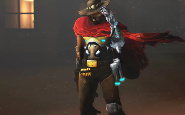 A detailed HD wallpaper featuring McCree from Overwatch, showcasing the character in a dramatic pose with a red cape and robotic arm, set against a moody background.