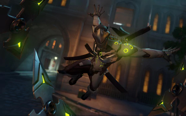 Genji from Overwatch leaps into action, surrounded by glowing shurikens. This 4K Ultra HD wallpaper captures the vibrant energy of the video game.