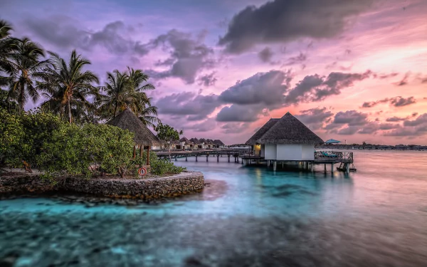 HD PC desktop wallpaper background: man-made resort with overwater bungalows, palm trees and turquoise lagoon at pink sunset.