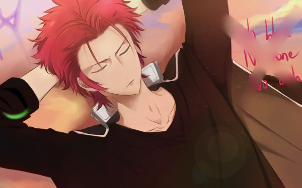 HD anime desktop wallpaper featuring Mikoto Suoh from K Project with red hair, headphones, and a relaxed expression against a warm-toned background.