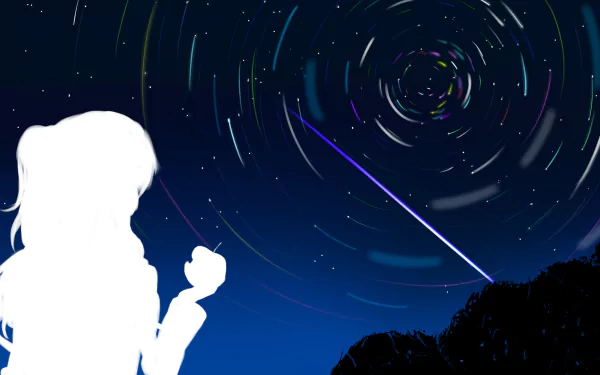 A silhouette of Nao Tomori from the anime Charlotte holds an apple against a starry night sky swirling with colors, creating a mesmerizing HD desktop wallpaper.