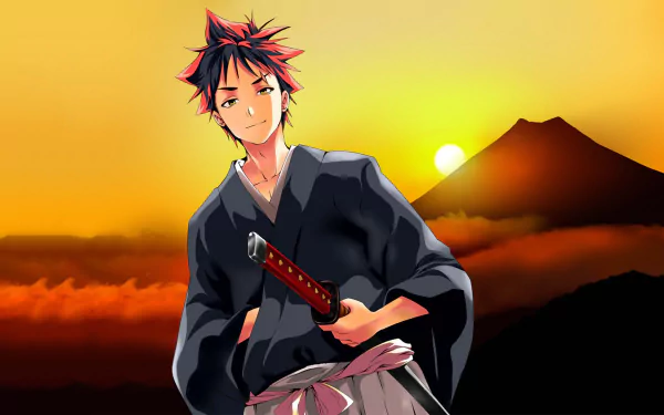Sōma Yukihira stands confidently in this HD wallpaper from Food Wars: Shokugeki no Soma, with a vibrant sunset and mountains in the background, showcasing his dynamic character.