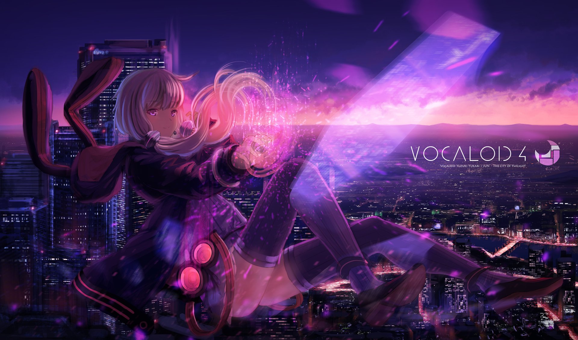A vibrant HD wallpaper featuring Yuzuki Yukari from the Vocaloid series, capturing her in an enchanting cityscape at sunset, surrounded by striking colors and magical effects.