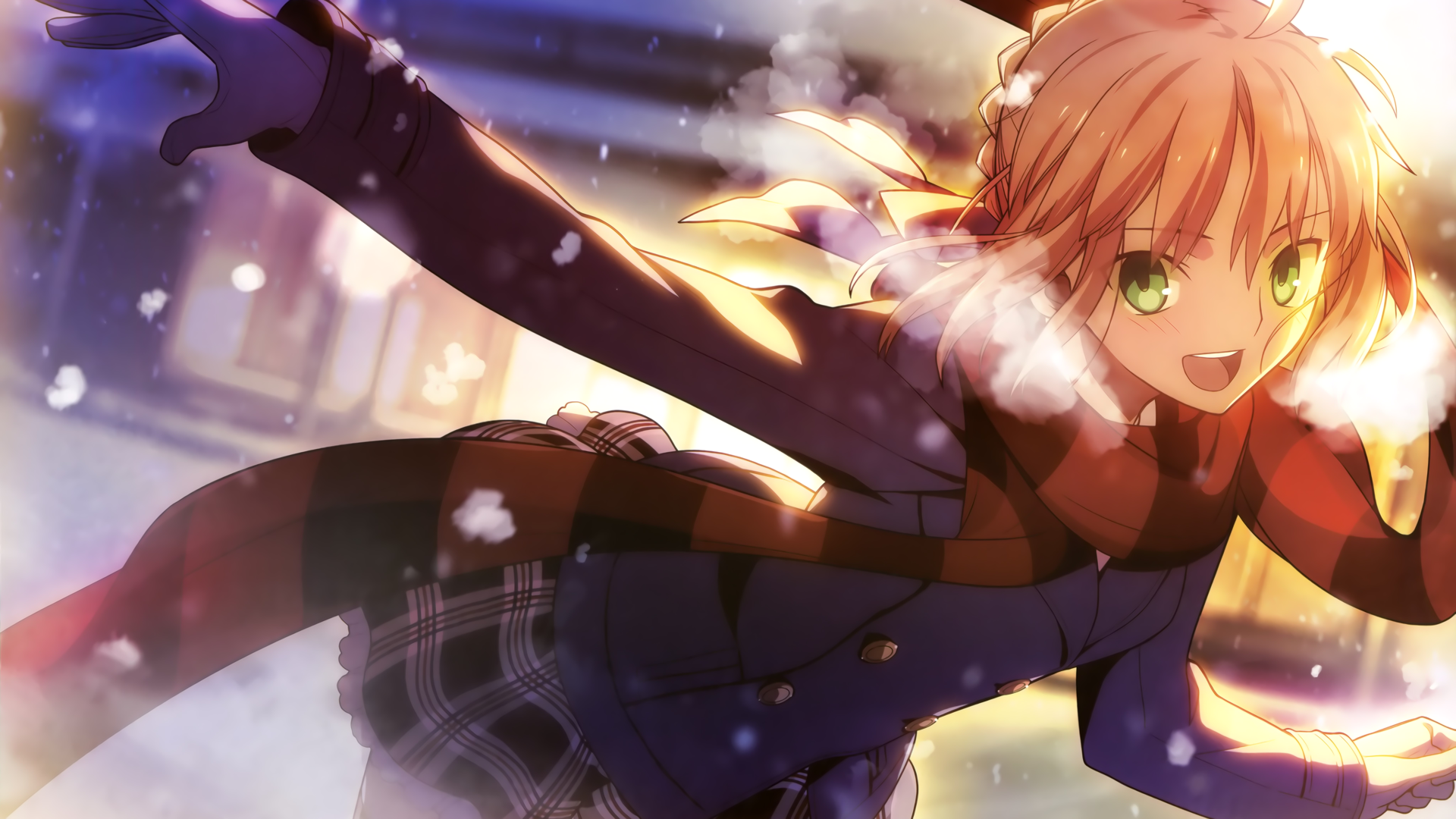 A vibrant HD wallpaper featuring Saber from the Fate Series, showcasing her joyful expression as she plays in the snow, with bright green eyes and a stylish winter outfit.