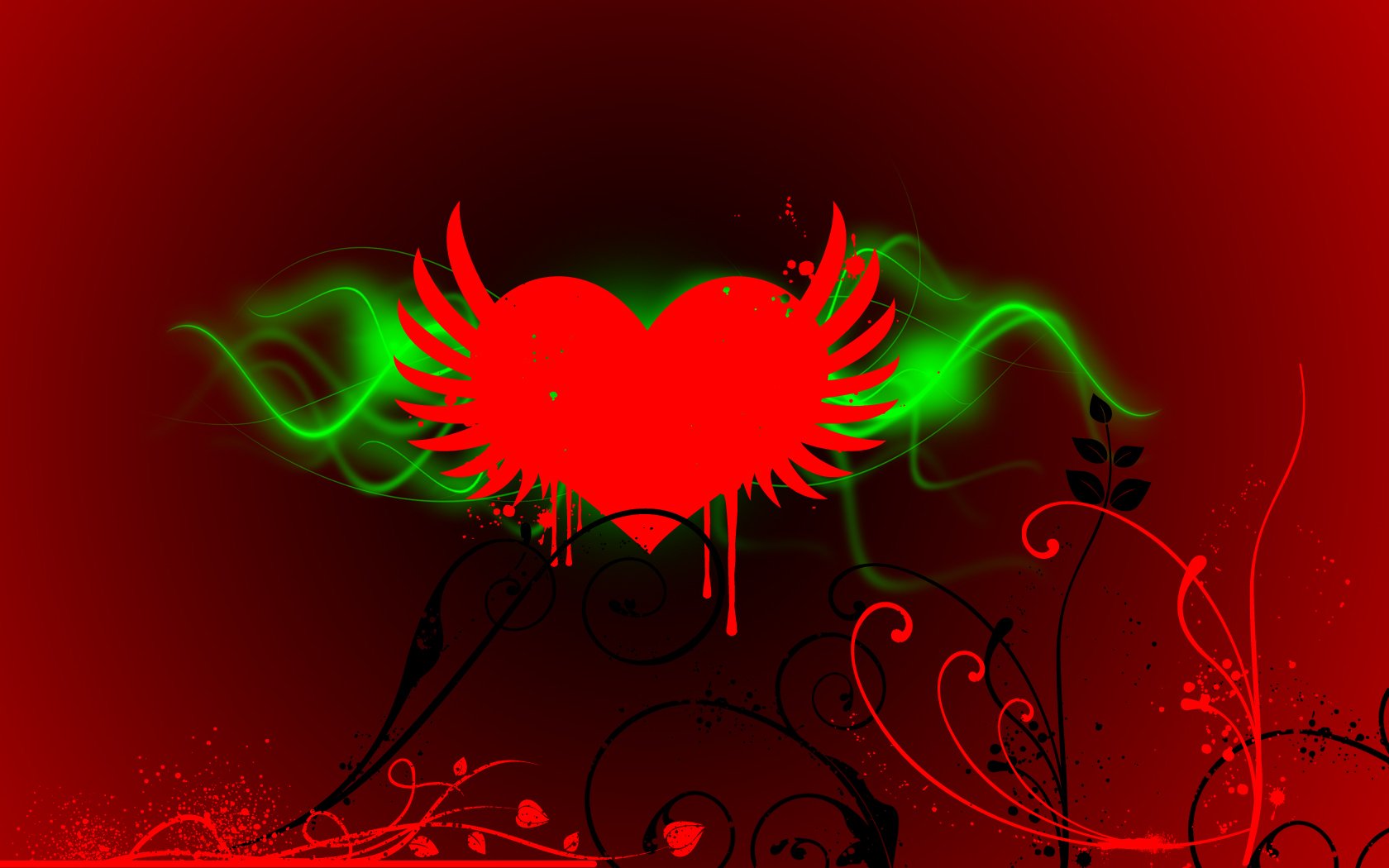 A vibrant artistic depiction of a red heart with wings, surrounded by green swirls and floral elements, serving as an expressive love-themed HD desktop wallpaper.