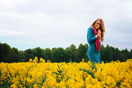 scarf meadow yellow flower flower field long hair blonde model woman mood HD Desktop Wallpaper | Background Image