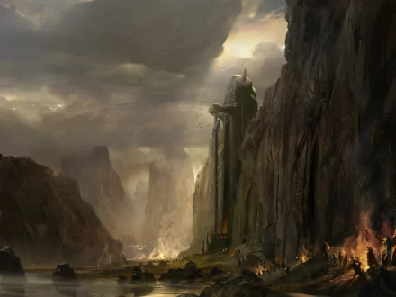 HD desktop wallpaper of a fantasy landscape from the video game Guild Wars, featuring a dramatic mountain scene with fire illuminating parts of the dark, rugged terrain.