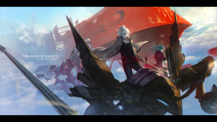 HD anime desktop wallpaper featuring characters from Sora no Kiseki, set against a dramatic sky with a large mechanical structure in the background.