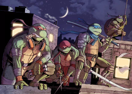 HD desktop wallpaper featuring the Teenage Mutant Ninja Turtles from the game Mutants in Manhattan, posed heroically on a rooftop at night.