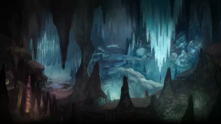 HD wallpaper of a mystical ice cave from the game I Am Setsuna, with glowing crystals and icy stalactites.