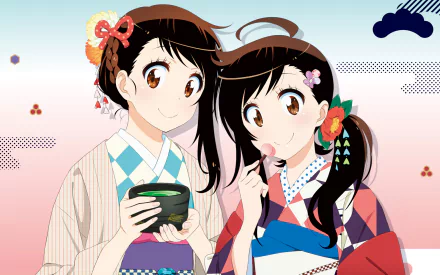 A vibrant HD wallpaper featuring Haru and Kosaki Onodera from the anime Nisekoi, showcasing the characters in colorful traditional attire with a cheerful background.