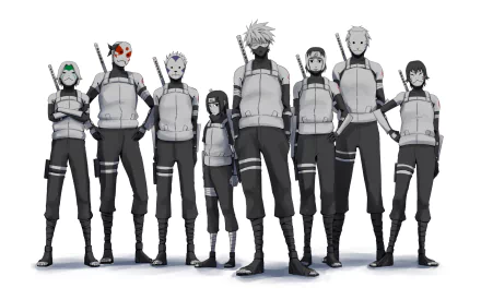 HD desktop wallpaper featuring Yamato, Itachi Uchiha, and Kakashi Hatake from the anime Naruto, standing alongside other characters in their ninja gear.