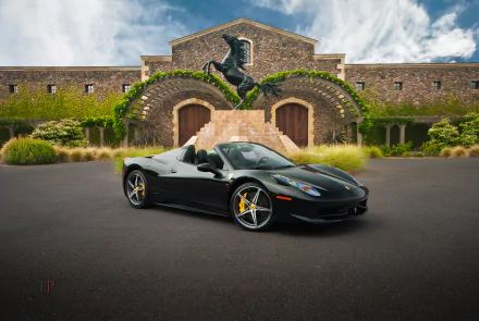 A sleek black Ferrari 458 Spider parked in front of a stunning stone building and a striking horse statue, showcasing the allure of supercars in a captivating setting.