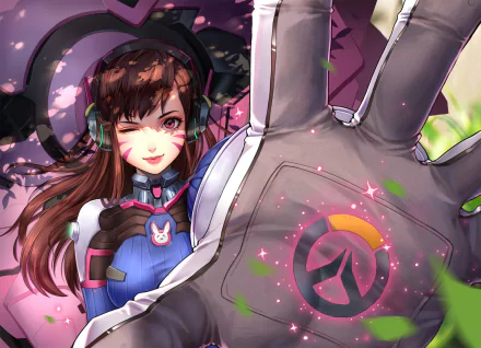 HD desktop wallpaper featuring D.Va from the video game Overwatch. D.Va is winking and smiling, with her hand raised showcasing an Overwatch emblem amidst glowing effects and floating petals.