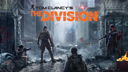 HD PC desktop wallpaper and background for Tom Clancy's The Division video game: four armed agents in tactical gear survey a snow-covered, ruined city street beneath the game's orange logo.