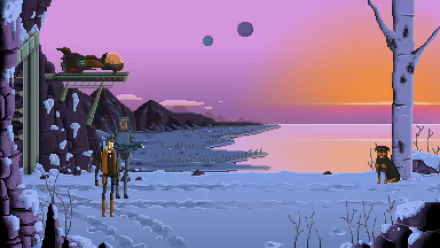 Pixel art landscape from the video game Gods Will Be Watching, depicting a snowy shoreline at sunset, rendered as an HD PC desktop wallpaper and background.