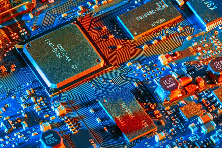 A vibrant close-up of a circuit board showcasing intricate technology components, featuring glowing patterns in blue and orange hues, serves as an HD desktop wallpaper.