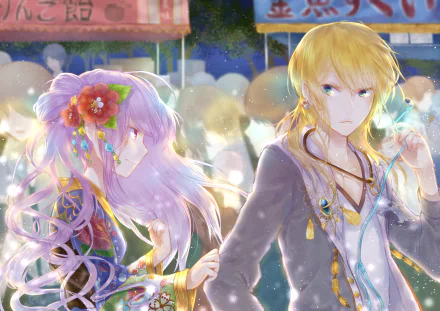 HD anime wallpaper featuring two characters with colorful hair in a vibrant, crowded scene. One has long pink hair, pink eyes, and wears a kimono, while the other has blonde hair and wears headphones.