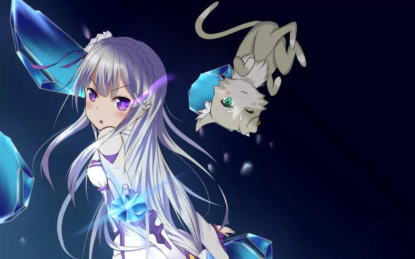 HD desktop wallpaper featuring Emilia and Pack from the anime Re:Zero - Starting Life in Another World. Emilia has long white hair and purple eyes; Pack is a small, floating spirit with a white body.