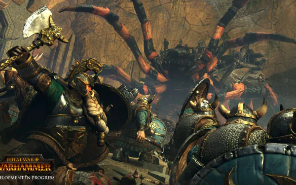 HD wallpaper of Total War: Warhammer depicting a chaotic battlefield with warriors and beasts engaged in combat.