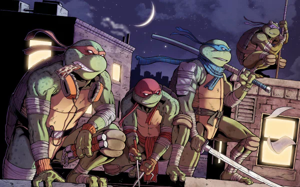 HD desktop wallpaper featuring the Teenage Mutant Ninja Turtles from the game Mutants in Manhattan, posed heroically on a rooftop at night.
