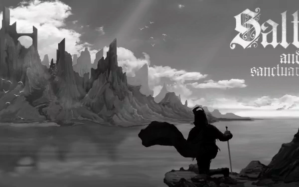 HD desktop wallpaper depicting a scene from Salt and Sanctuary with a solitary figure overlooking a mountainous landscape.