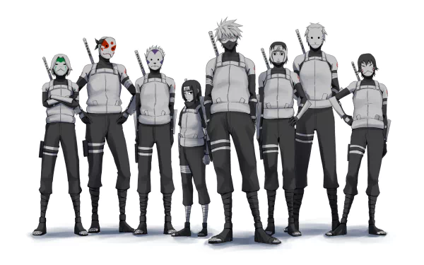 HD desktop wallpaper featuring Yamato, Itachi Uchiha, and Kakashi Hatake from the anime Naruto, standing alongside other characters in their ninja gear.