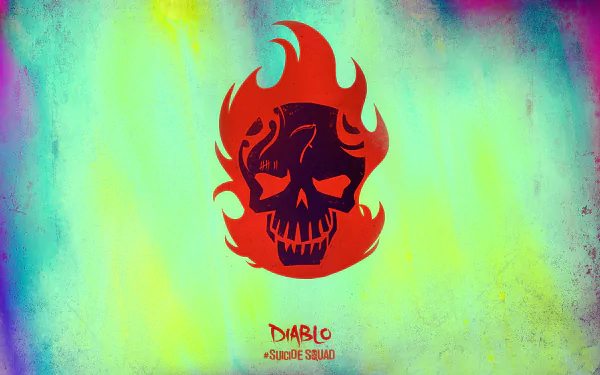 HD desktop wallpaper featuring El Diablo's flaming skull symbol from the movie Suicide Squad. Background consists of a colorful, textured gradient. Diablo and Suicide Squad text appear at the bottom.