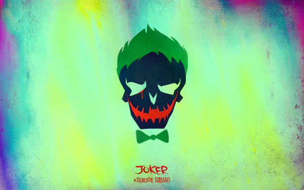 HD desktop wallpaper featuring a vibrant illustration of the Joker's face from the movie Suicide Squad, surrounded by a colorful, abstract background. The text Joker - Suicide Squad is at the bottom.