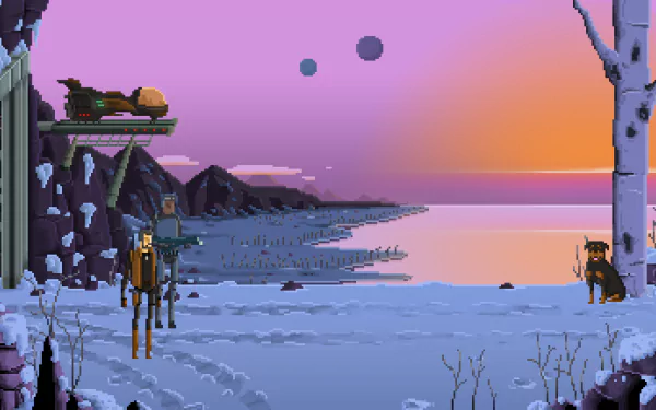 Pixel art landscape from the video game Gods Will Be Watching, depicting a snowy shoreline at sunset, rendered as an HD PC desktop wallpaper and background.