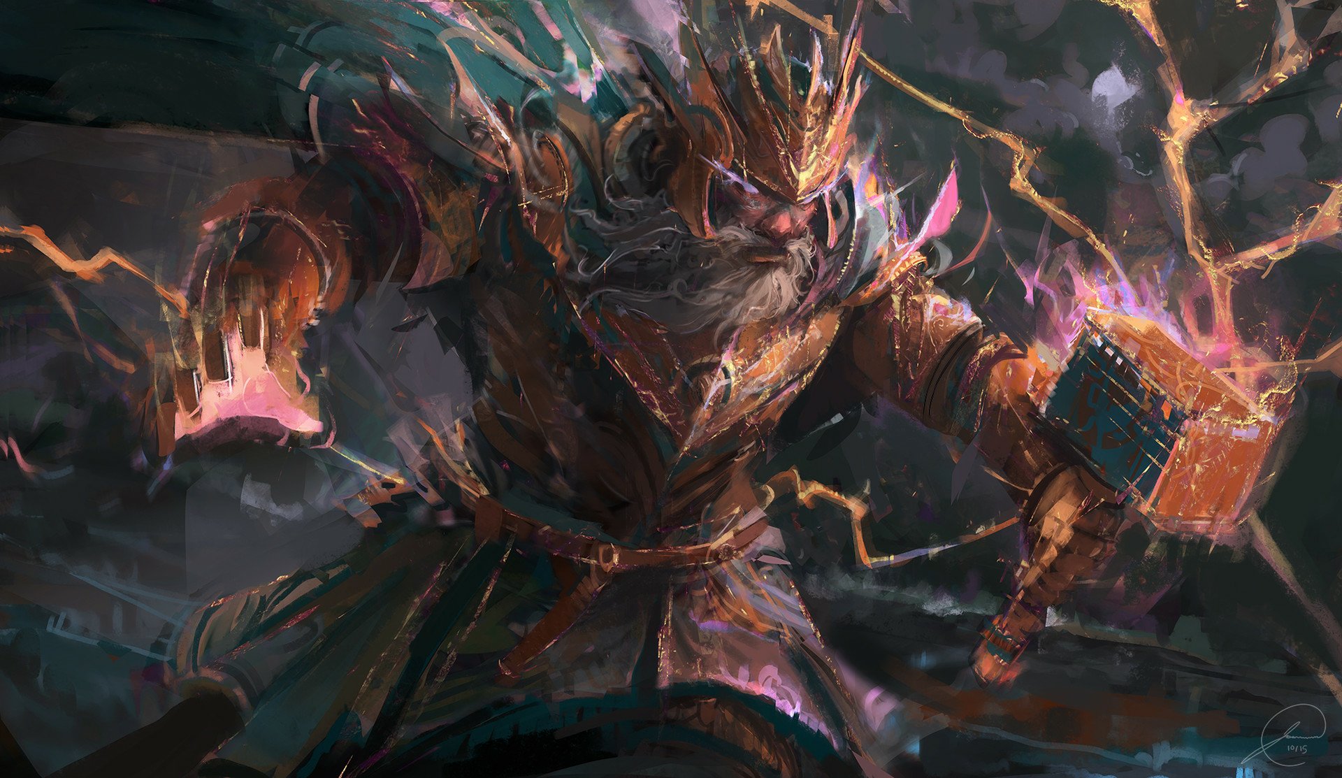 HD fantasy warrior wallpaper featuring a knight in detailed armor and a crown, wielding a glowing hammer amid a dark, stormy background.