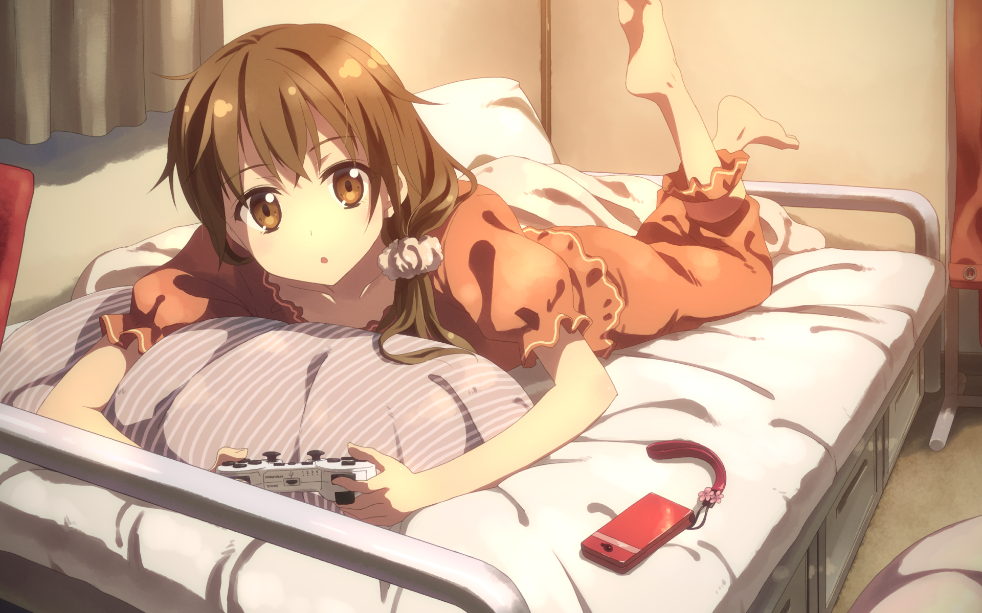 A cozy anime scene featuring a character lounging on a bed, playing video games with a controller, surrounded by a warm, inviting atmosphere. HD wallpaper background.