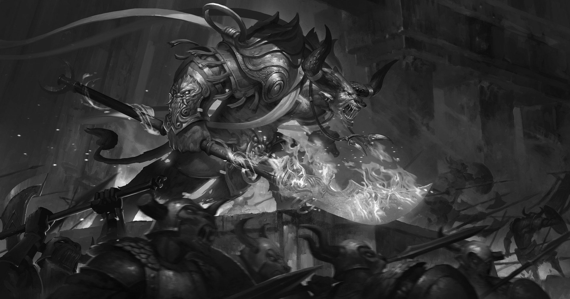 Black and white HD wallpaper of a fantasy warrior creature with horns and armor leading an army into battle.