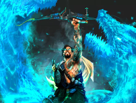 HD desktop wallpaper featuring Hanzo from Overwatch, depicted as an archer with a bow, surrounded by a vivid blue dragon with intricate tattoos glowing amid mystical flames.