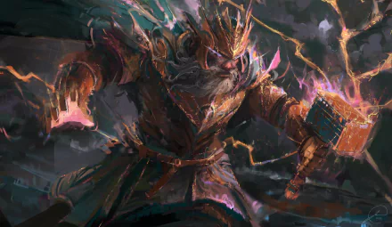 HD fantasy warrior wallpaper featuring a knight in detailed armor and a crown, wielding a glowing hammer amid a dark, stormy background.