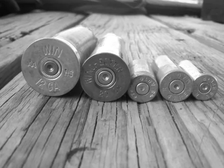 A black-and-white HD desktop wallpaper featuring five man-made bullet casings arranged on wooden planks, showcasing intricate details and varying sizes.