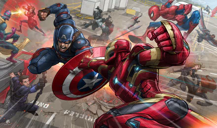 Captain America clashes with Iron Man in an intense battle. Surrounding them are other Marvel characters, including Spider-Man and Black Panther. From the movie Captain America: Civil War, this HD wallpaper captures epic superhero action.